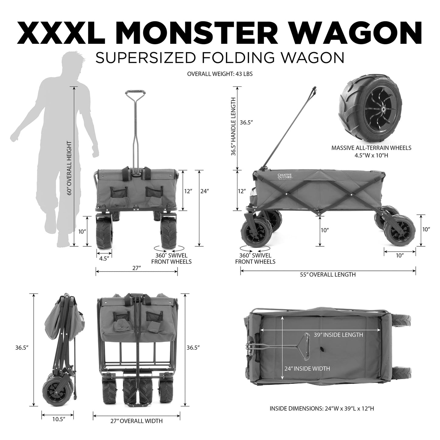 XXXL Monster Hauler Klappen Einklappbarer Strandwagen | Schwere Pflicht | Grau